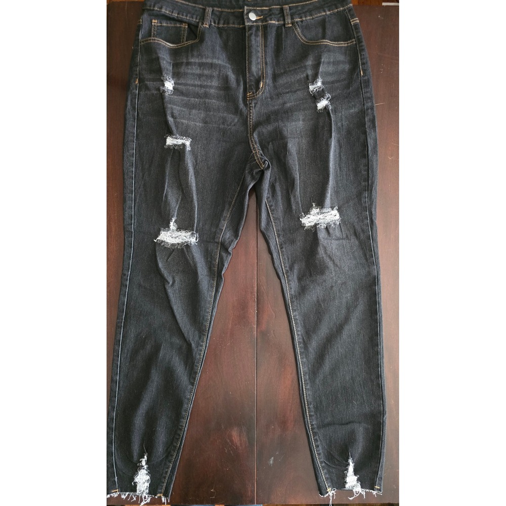 SHEIN Curve 2XL Distressed Skinny Jeans Dark Wash Black Ripped Raw Hem High Rise
